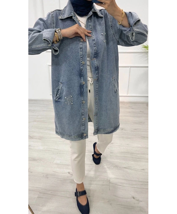 Taşlı tunik ceket kar yıkama orta mavi d2516
