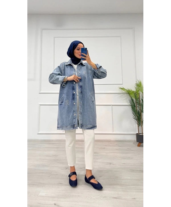 Taşlı tunik ceket kar yıkamalı mavi d2516