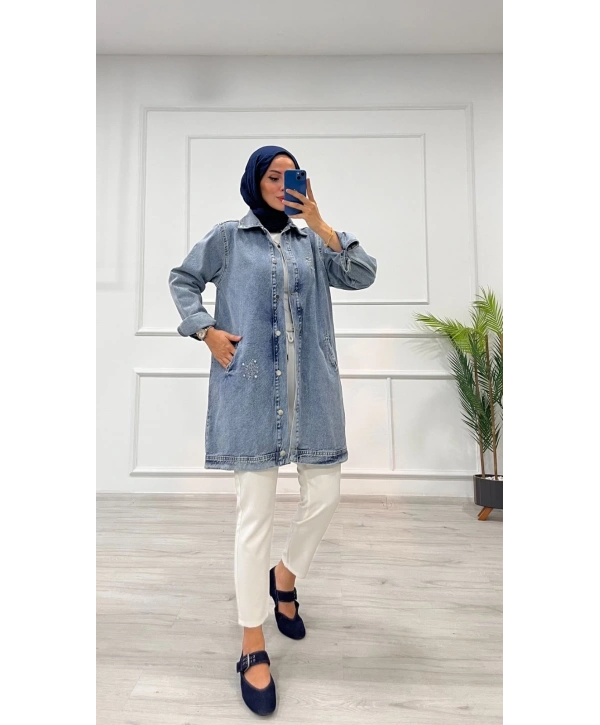 Taşlı tunik ceket kar yıkamalı mavi d2516