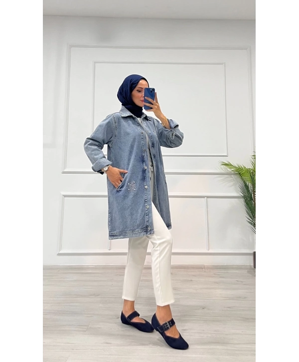 Taşlı tunik ceket kar yıkamalı mavi d2516