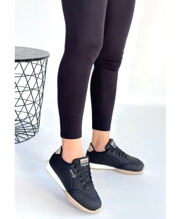 Tawen Siyah Cilt Bej Tabanlı Bağcıklı Spor Ayakkabı