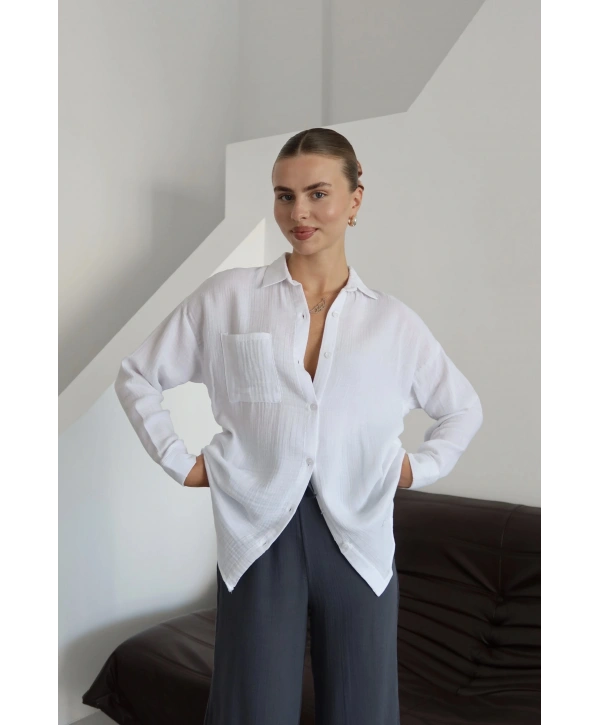 Tek cepli müslin gömlek beyaz pt