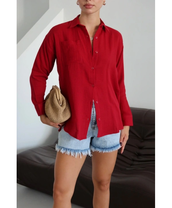 Tek cepli müslin gömlek bordo pt
