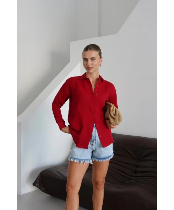 Tek cepli müslin gömlek bordo pt