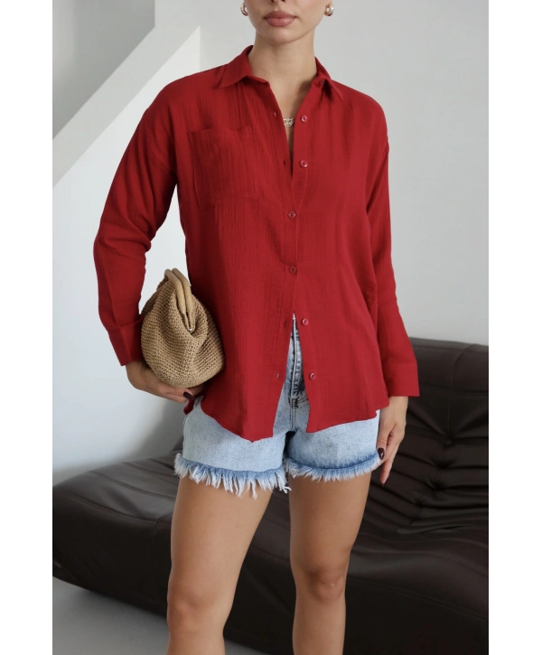 Tek cepli müslin gömlek bordo pt