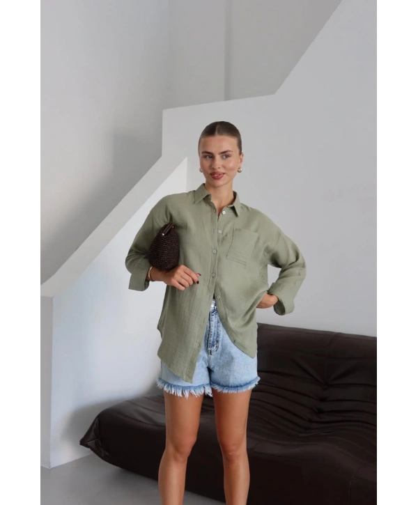 Tek cepli müslin gömlek haki pt