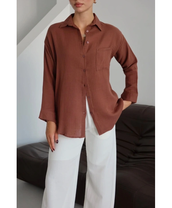 Tek cepli müslin gömlek kahve pt