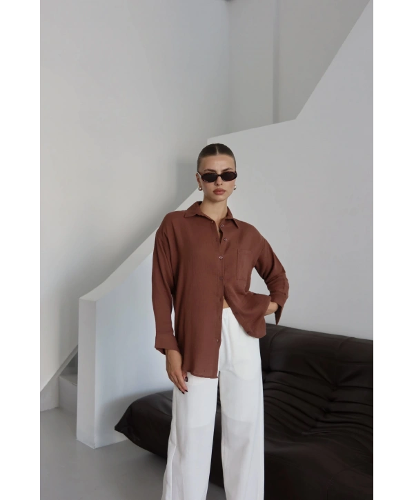 Tek cepli müslin gömlek kahve pt