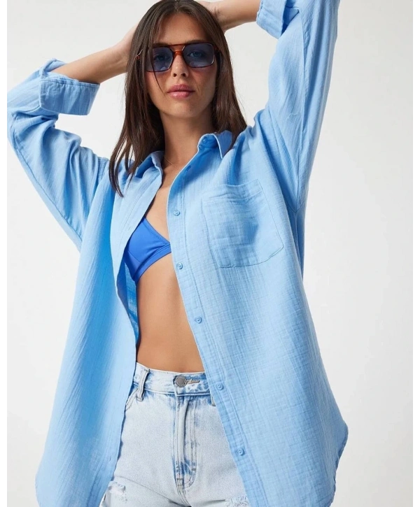 Tek cepli müslin gömlek mavi pt