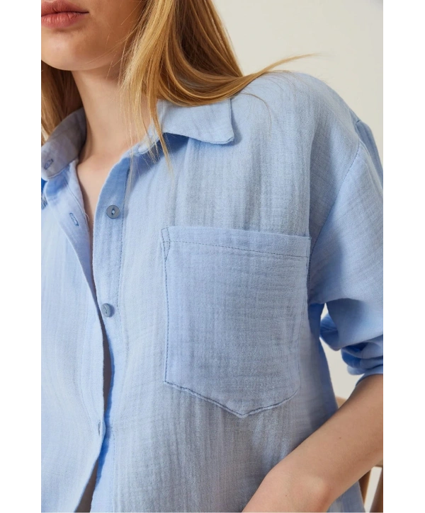 Tek cepli müslin gömlek mavi pt