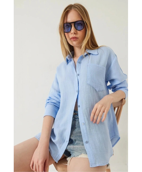 Tek cepli müslin gömlek mavi pt
