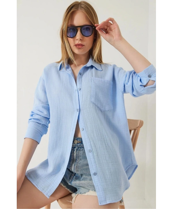 Tek cepli müslin gömlek mavi pt