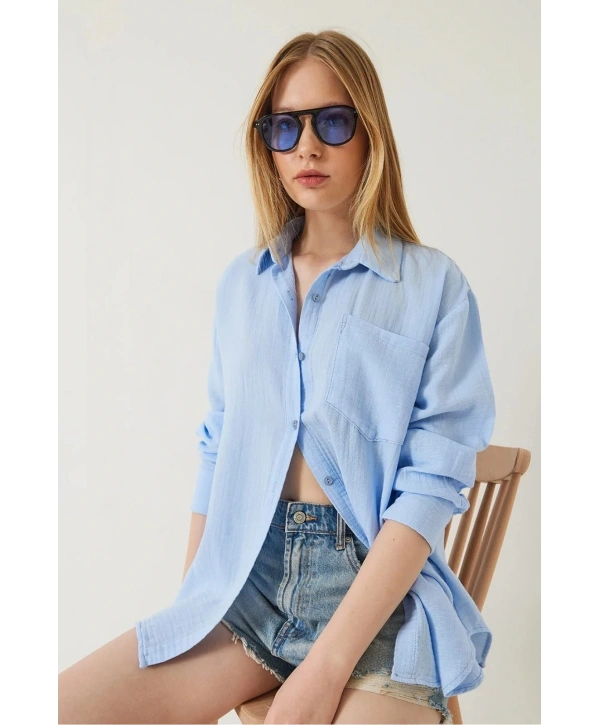 Tek cepli müslin gömlek mavi pt