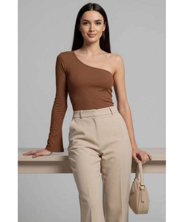 Tek Omuzlu Basic Bluz kahve T4275