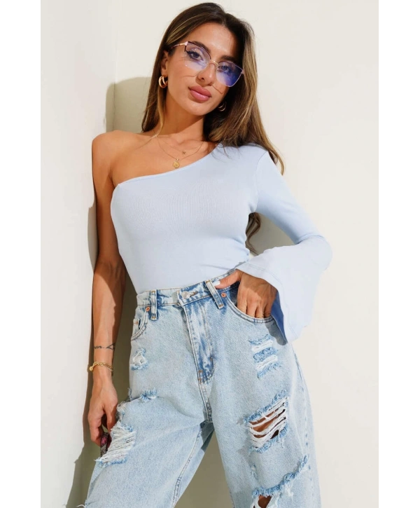 Tek Omuzlu Basic Bluz Mavi T4275