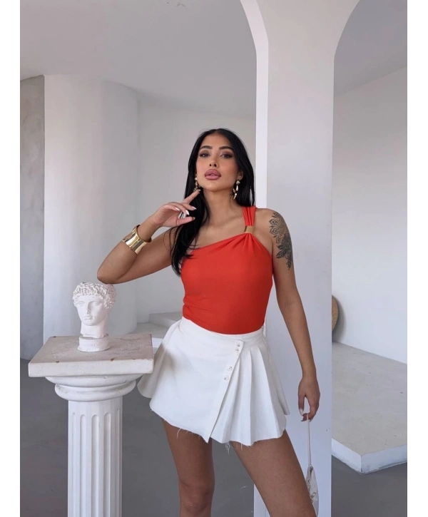 Tek omuzlu Otoman kumaş gold metal detaylı bluz s2311