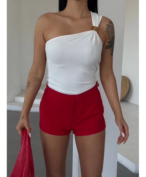 Tek omuzlu Otoman kumaş gold metal detaylı bluz s2311