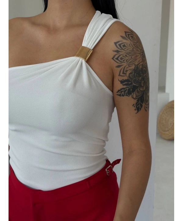 Tek omuzlu Otoman kumaş gold metal detaylı bluz s2311