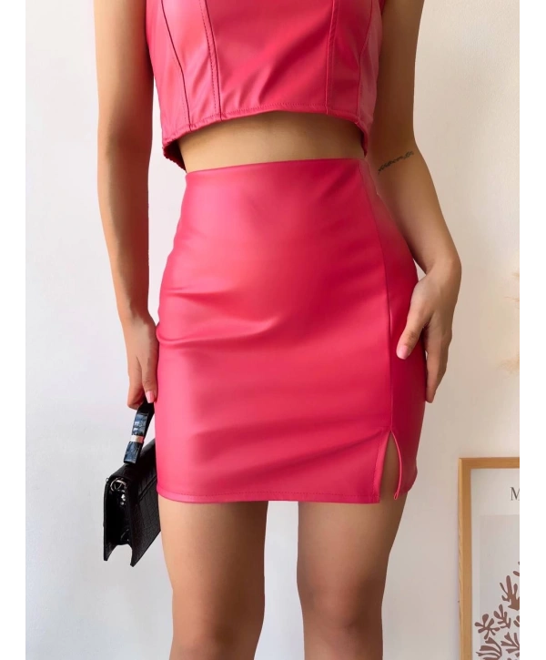 Tek yırtmaçlı arkadan fermuarlı deri etek fuşya s24475