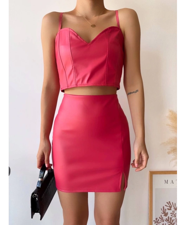 Tek yırtmaçlı arkadan fermuarlı deri etek fuşya s24475