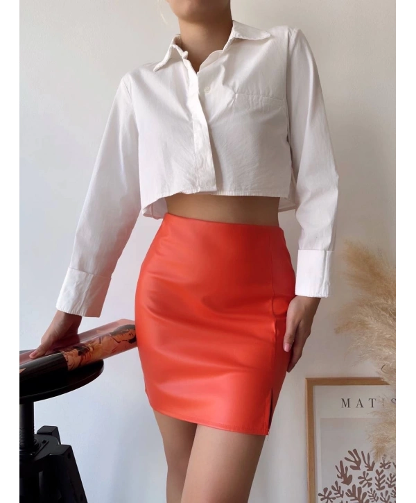 Tek yırtmaçlı arkadan fermuarlı deri etek turuncu s24475