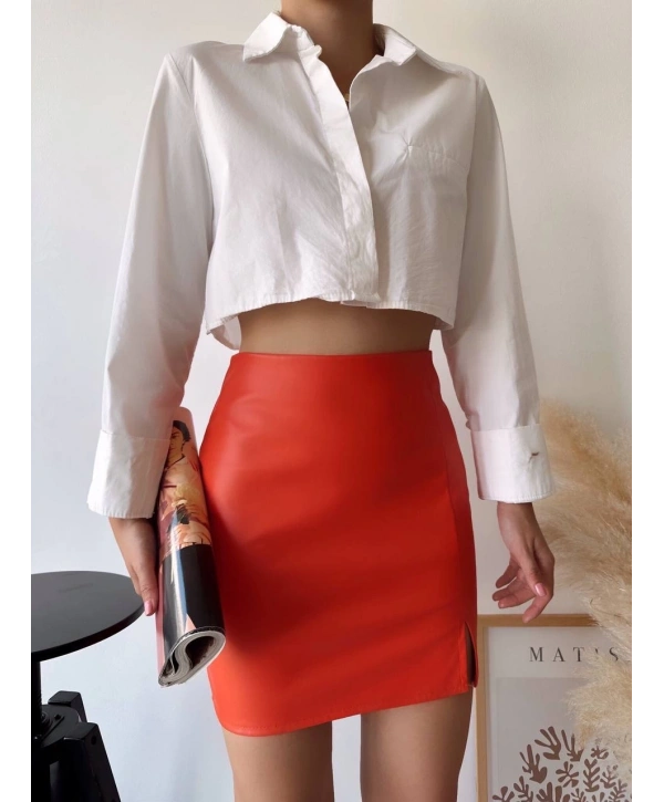 Tek yırtmaçlı arkadan fermuarlı deri etek turuncu s24475