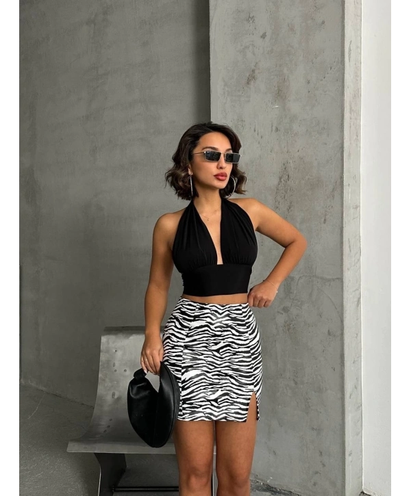 Tek yırtmaçlı zebra desenli deri etek beyazsiyah w24475-S