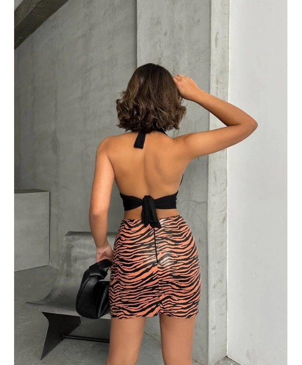 Tek yırtmaçlı zebra desenli deri etek kahvesiyah w24475-S