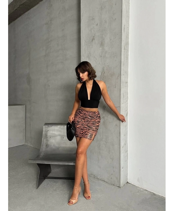 Tek yırtmaçlı zebra desenli deri etek kahvesiyah w24475-S