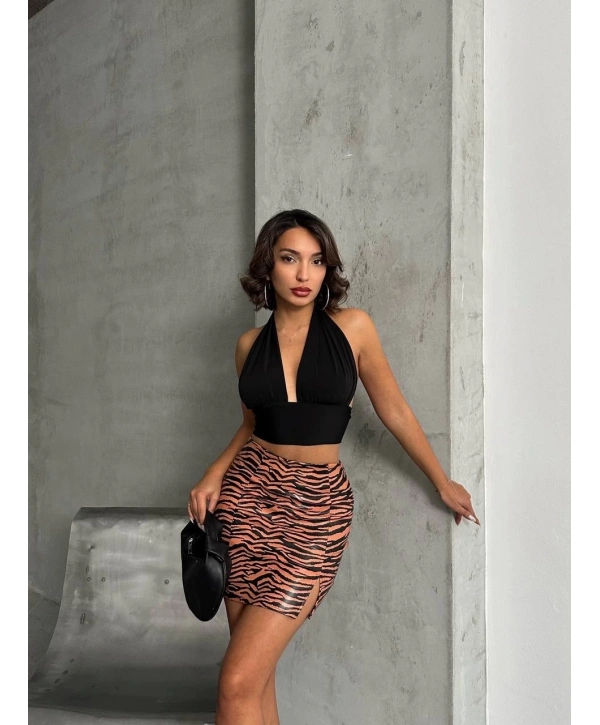 Tek yırtmaçlı zebra desenli deri etek kahvesiyah w24475-S