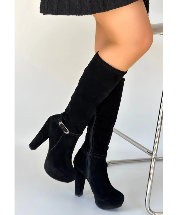Tekja Siyah Süet Topuklu Çizme