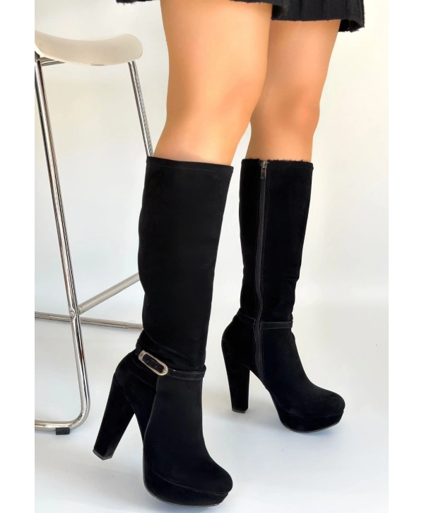 Tekja Siyah Süet Topuklu Çizme