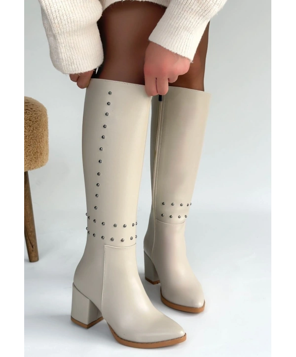 Tiyan Bej Cilt Topuklu Çizme