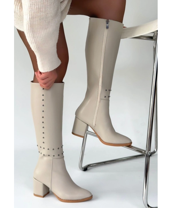 Tiyan Bej Cilt Topuklu Çizme