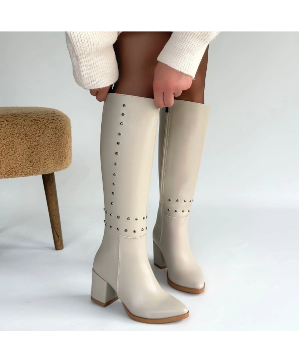 Tiyan Bej Cilt Topuklu Çizme