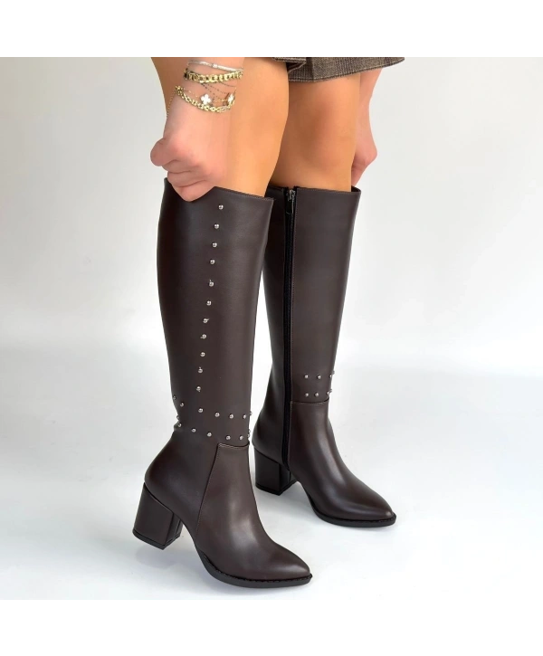 Tiyan Kahverengi Cilt Topuklu Çizme