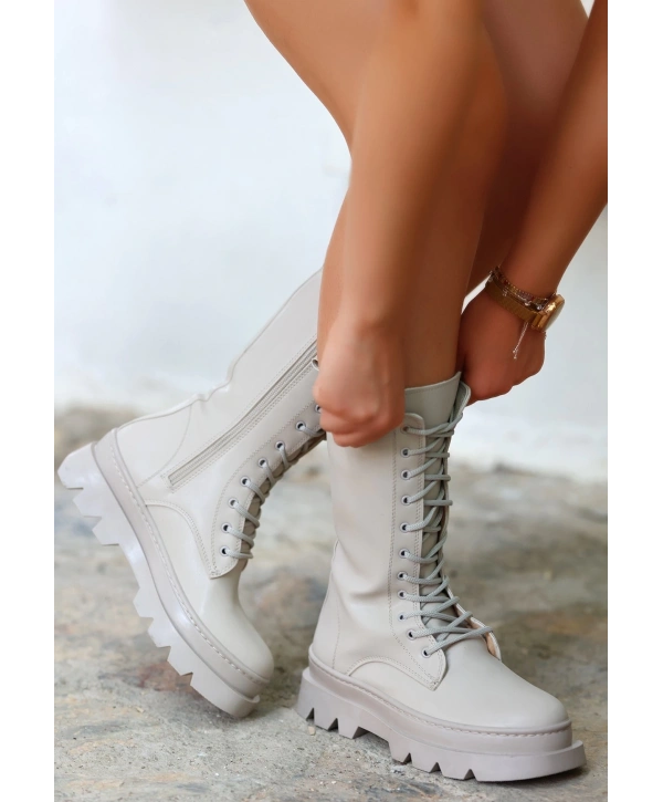 Toir Bej Cilt Bağcıklı Postal