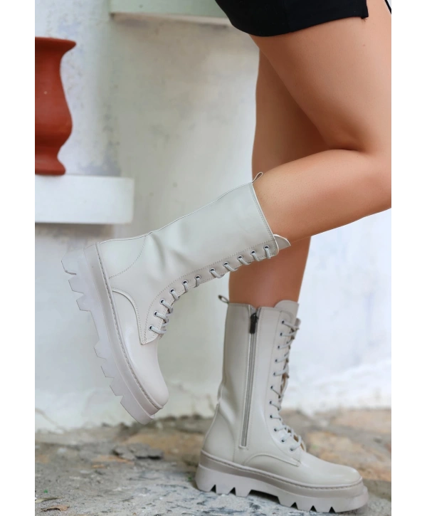 Toir Bej Cilt Bağcıklı Postal