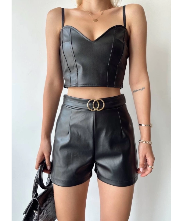 Tokalı deri şort siyah s24444