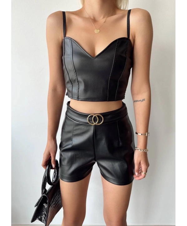 Tokalı deri şort siyah s24444
