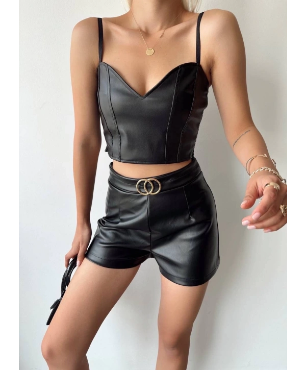 Tokalı deri şort siyah s24444