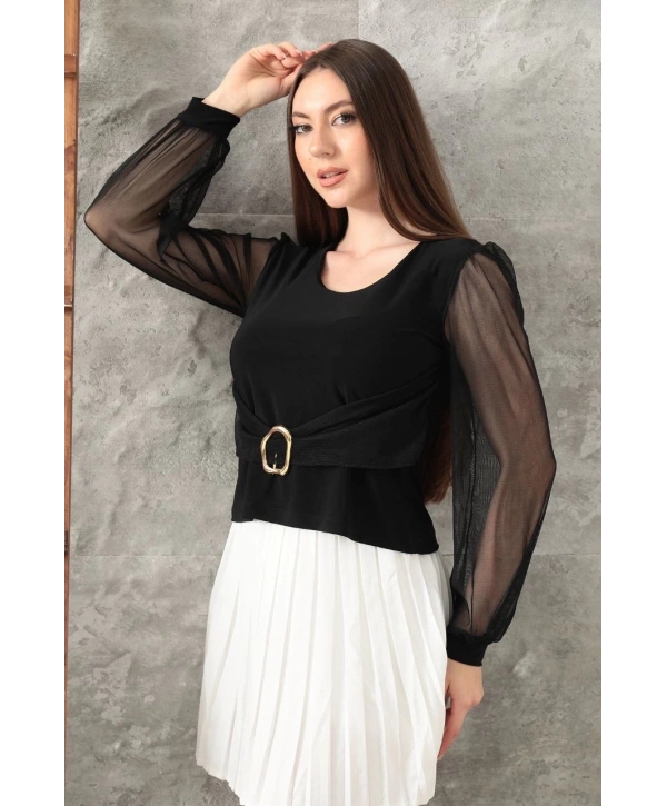 Tokalı tül kollu bluz siyah t4071