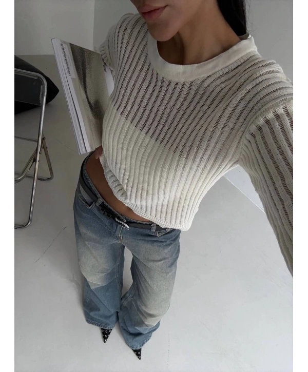 Triko transparent bluz beyaz