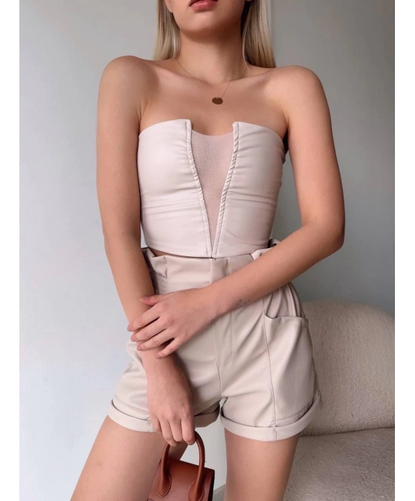 Tüllü deri crop bej w24615