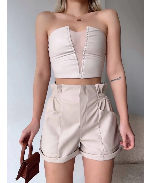 Tüllü deri crop bej w24615