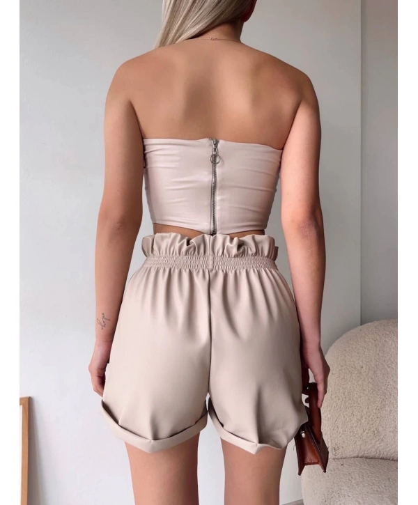 Tüllü deri crop bej w24615