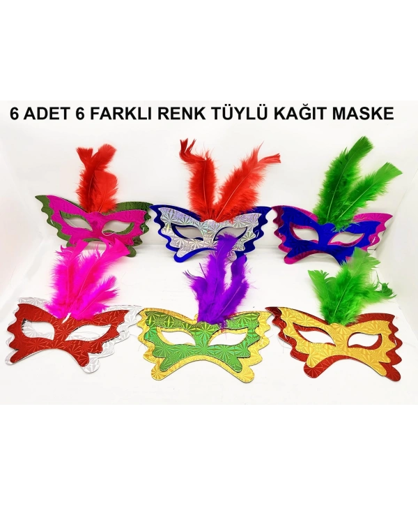 Renkli Parti Maskesi 639lı | Tüylü Karton Maske Seti (lastikli)