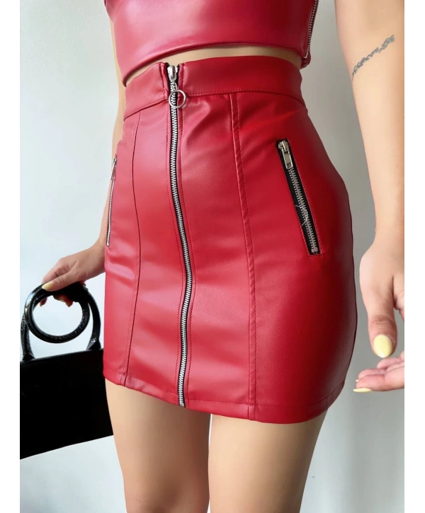 Üç fermuarlı deri etek bordo s24510