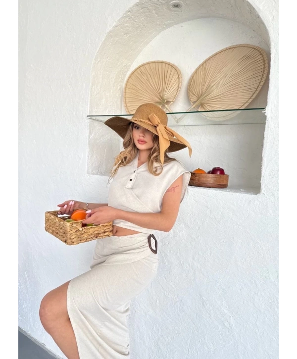 Uzun etekli bluz takım keten krem s255852