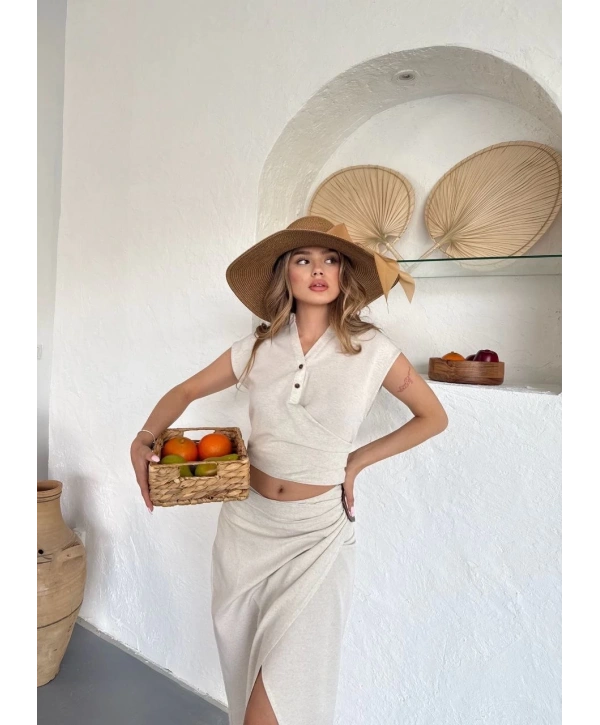 Uzun etekli bluz takım keten krem s255852